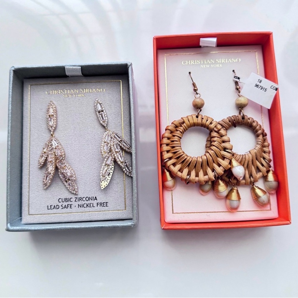 CHRISTIAN SIRIANO New York, circular wicker hoops & leaf-style drop earrings